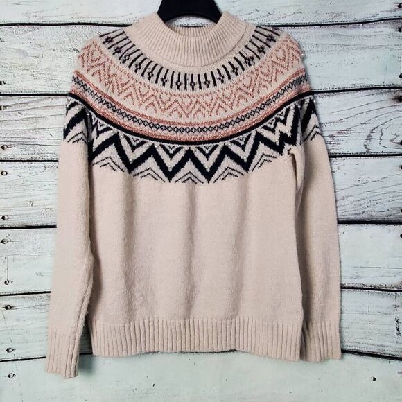 Maurices Fair Isle Sweater Cream Pink Navy Chevron Knit Pullover Women’s Size M - Picture 1 of 7